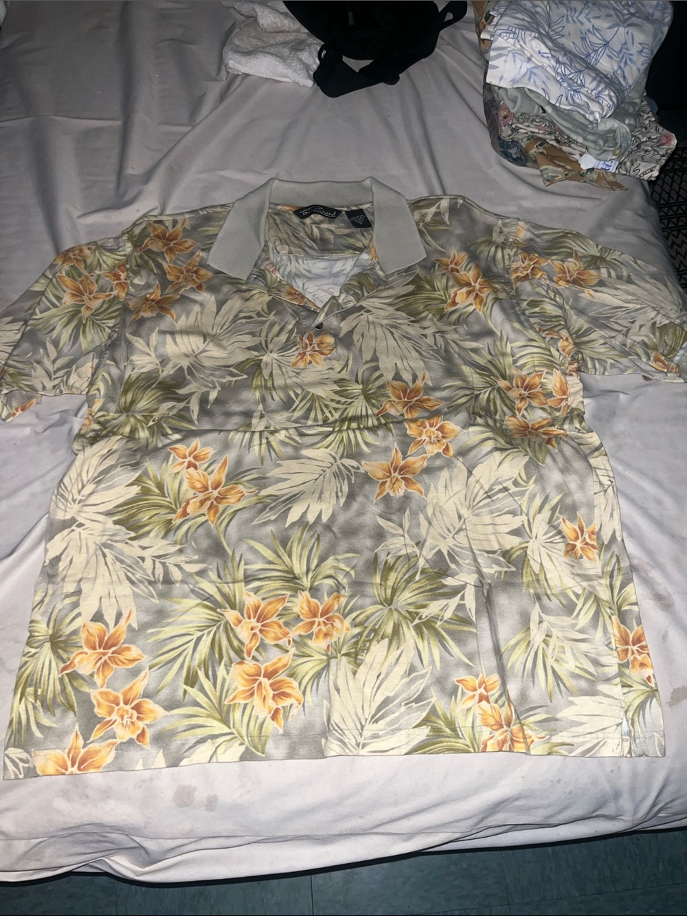 Tori Richard Tropical Floral Polo in Beige, Green & Orange